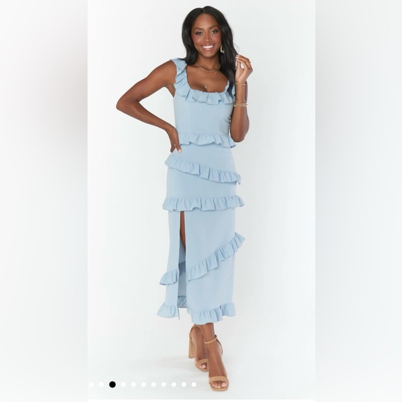 Show Me Your MuMu NWOT Greta Dress in Steel Blue Stretch - Picture 3 of 16